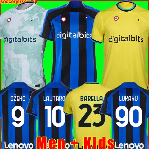 

lukaku soccer jerseys 22 23 barella vidal lautaro eriksen inters dzeko correa away third milans uniforms football shirt 2022 2023 men k, Black;yellow