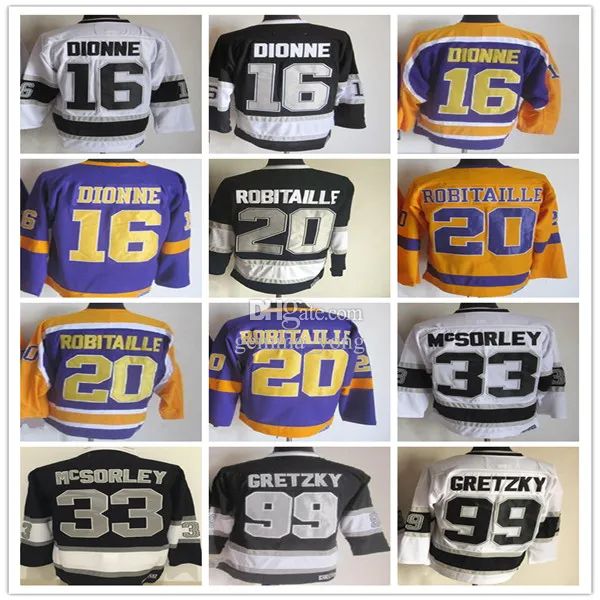 

custom la vintage hockey jerseys 99 wayne gretzky 33 marty mcsorley 20 luc robitaille 16 marcel dionne stitched retro uniforms black white y, Black;red