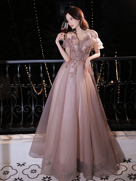 

purple evening dress off shoulder beaded shiny sequin elegant a line temperament tulle formal party prom gown bridesmaid on sale, Black;red