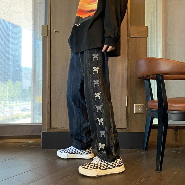 

men's jeans deeptown embroidered distressed men hip hop streetwear denim pants loose casual straight trousers male butterfly fashion 23, Blue