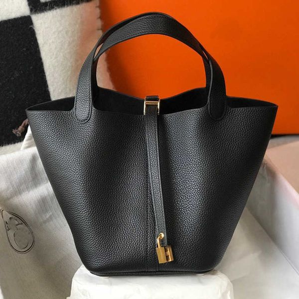 

designer original herms semi handmade vegetable basket leather women's bag large capacity hand fashion togo litchi pattern bucket bag