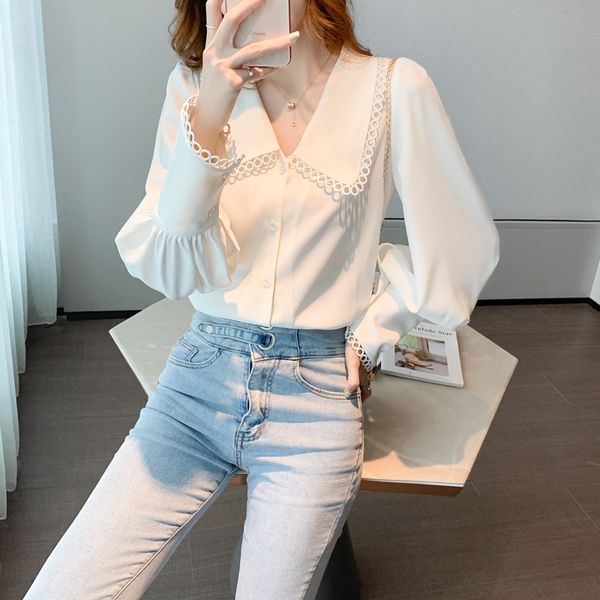 

women's blouses shirts brand peter pan collar lantern long sleeve white shirt elegant office lady chiffon blouse summer chemise blusa