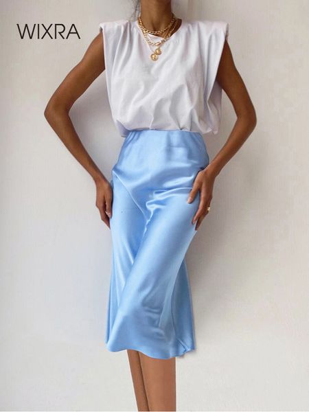 

casual dresses wixra women summer satin midi skirts elegant high waist bottom office style for lady solid streetwear 230309, Black;gray