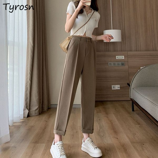 

women's pants capris casual pants women ankle-length trouser office lady solid pleated elegant crimping high waist zipper fly straight, Black;white