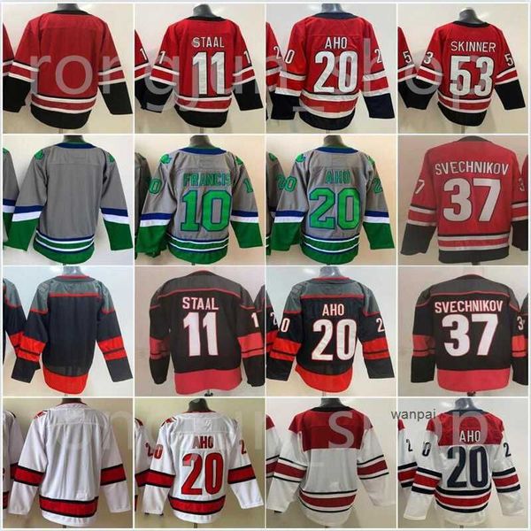 

custom men carolina ice hockey canes 20 sebastian aho jerseys 10 ron francis 11 staal 37 andrei svechnikov 86 teuvo teravainen green whalers, Black;red