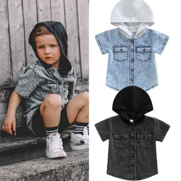 

t-shirts focusnorm 0-5y causal kids boys t shirts 2 colors short sleeve hooded single breasted denim patchwork pockets l230309, Blue
