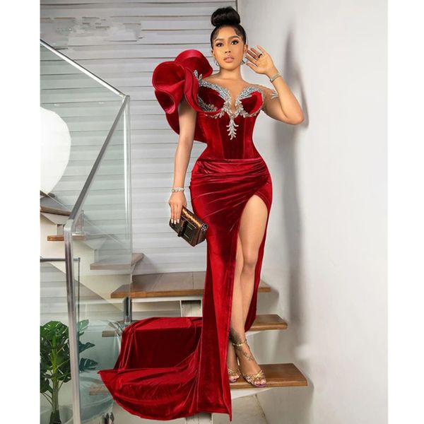 

red velvet mermaid evening dresses with sheer neck ruffles cap sleeves beaded side split prom dress custom made dinner birthday gown, Black