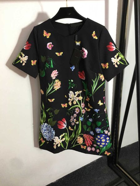

23ss designer brand women dress sequin nail drill butterfly flower print crewneck short-sleeved dress summer womens clothes, Black;gray