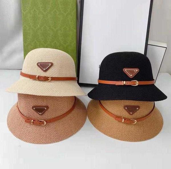 

straw belt hat sun uv protection hats designer womens beach wide brim outdoor beach handmade casquette for man woman cap flat black beige pd, Blue;gray