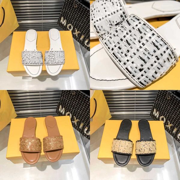 

23s luxurys designer women sandal slipper slide flats f letter bicolor flat sandals braid woven slipper rubber shoe summer beach slides outd, Black