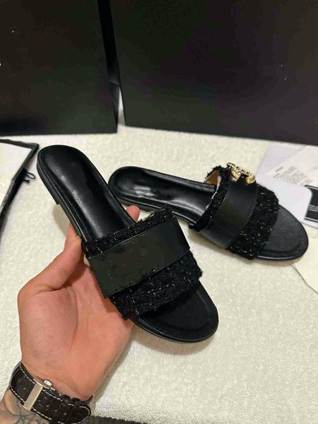 

designer luxury sandals ballet flats women single shoe coco tweed mules slippers sandal genuine leather lambskin casual shoes flip flops siz, Black