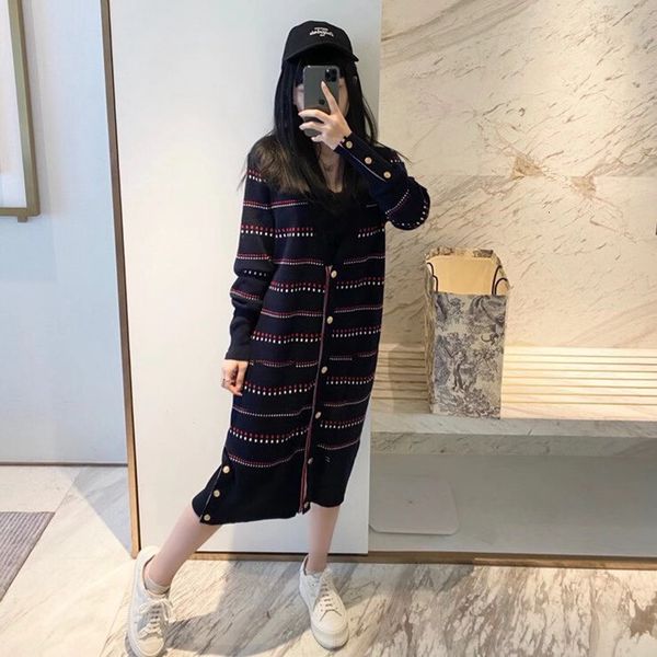 

women's wool blend's blends autumn explosion style tb college color stripe contrast vneck midlength knitted cardigan jacket sweate, Black