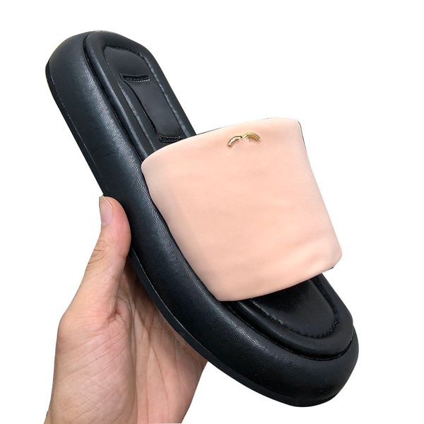 

designer womens cloth slipper flat heels sandals slip on slide classic pink black metal mule ladie for summer outdoor beach shoe foaming out