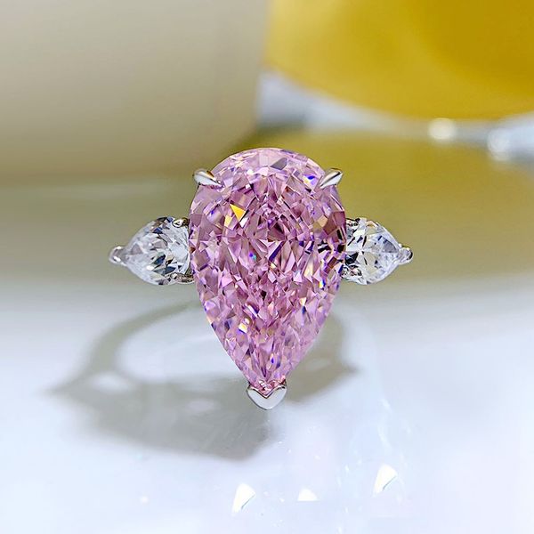 

fine 11*17mm pink moissanite diamond ring 100% real 925 sterling silver party wedding band rings for women engagement jewelry, Slivery;golden