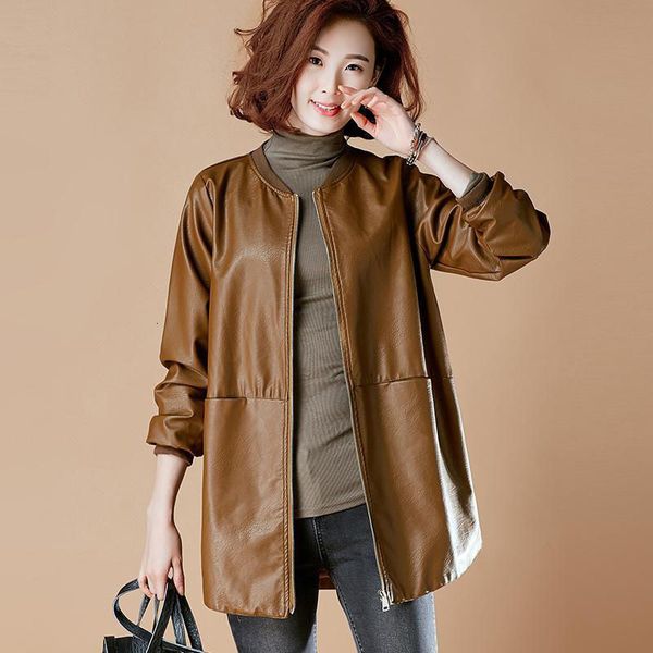 

women's jackets 2023 spring and autumn mid length leather jacket pu baseball uniform commute style loose slimming faux coat 230309, Black;brown