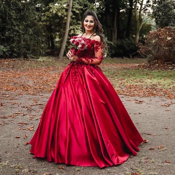 

wedding dresses burgundy red bridal gowns a line long sleeve sweep train sequined applique new custom lace up zipper wed dresses wed one-sho, White