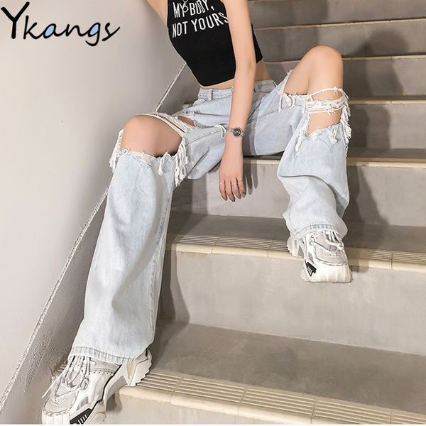 

women's jeans ripped high waist mom jean's boyfriend loose thin denim pants breeches overalls summer vintage female torn trousers, Blue