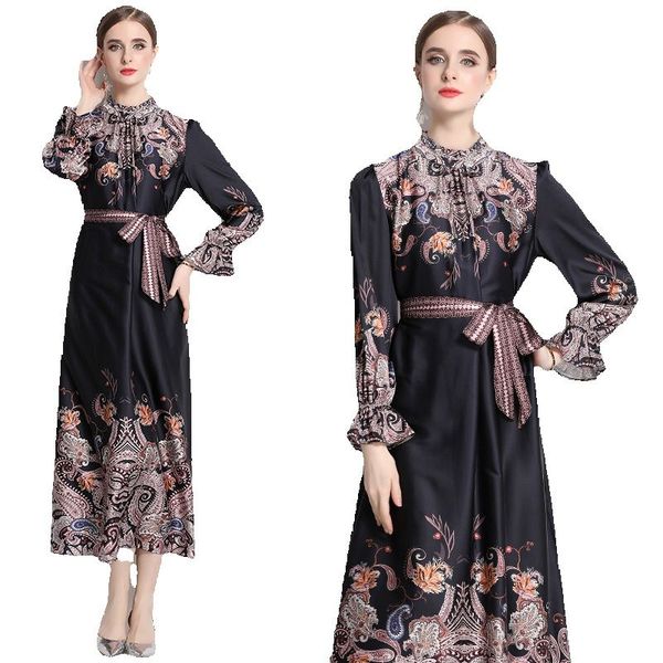 

2023 paisley floral black party maxi dress long sleeve women designer mock neck birthday prom lace up bow slim a-line dresses ladies office, Black;gray