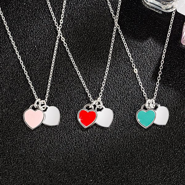 

s925 sterling silver enamel peach heart necklace classic european and american double love shaped tanabata valentine's day gift pendant
