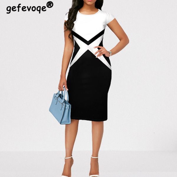 

casual dresses summer patchwork print short sleeve bodycon dresses for women elegant knee length robe pencil slim vintage party dress 230309, Black;gray