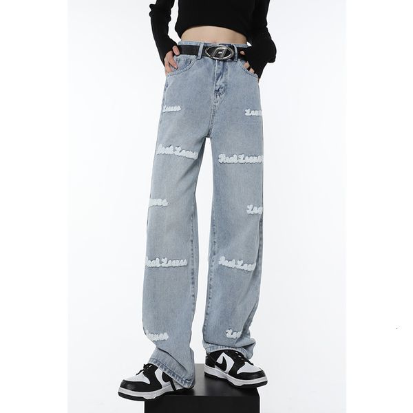 

women's jeans high waist women skinny straight embroidery sense of design streetwear korean fashion vintage denim trouser wide leg pant, Blue