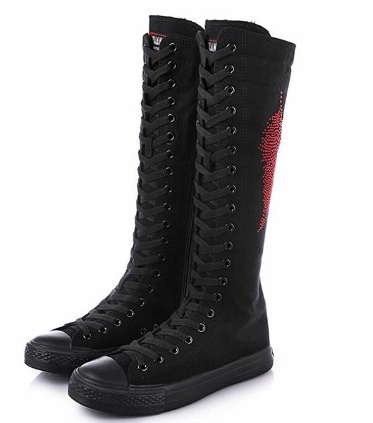 

size 34-43 women fashion high-crystal leaf flat boots long-barreled casual flats canvas boots height increasing shoes, Black