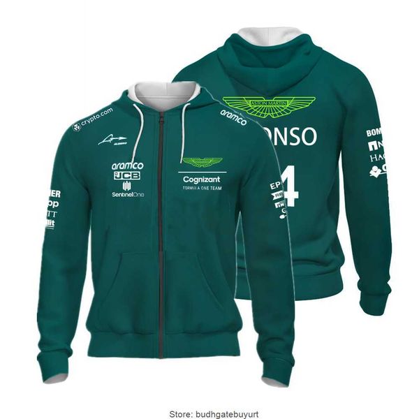 

2023 aston martin racing alonso sport hoodie formula one oversized men's ladies zip-up jacket f1 sweatshirt, Black