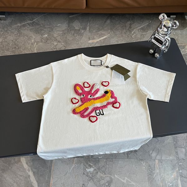 

23ss spring summer new women t shirt love jump rabbit letter embroidery pullover round neck t-shirts men short sleeve tees, White