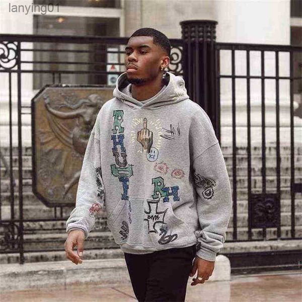 

rhude hoodie hand-painted graffiti pullover high street men's loose sports, Black