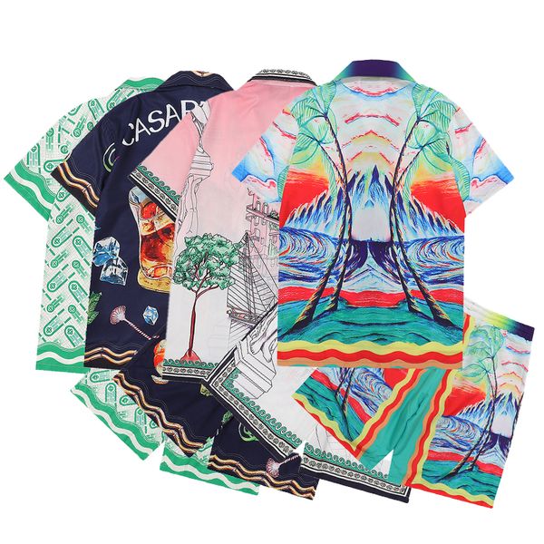 

casablanca designer casual shirts surfing lazy silk lanzy silk shirt classic printed casual suit women men summer holiday tees shorts, White;black