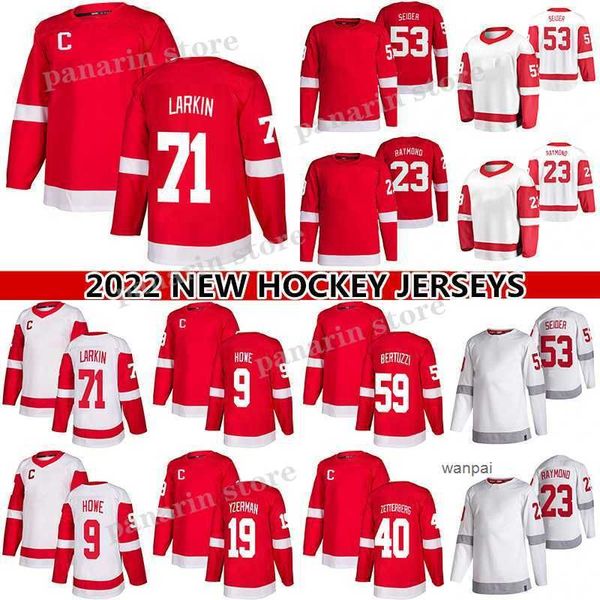 

custom 71 dylan larkin jersey 53 moritz seider 59 tyler bertuzzi 2 nick leddy 23 lucas raymond 19 steve yzerman 9 gordie howe reverse retro, Black;red