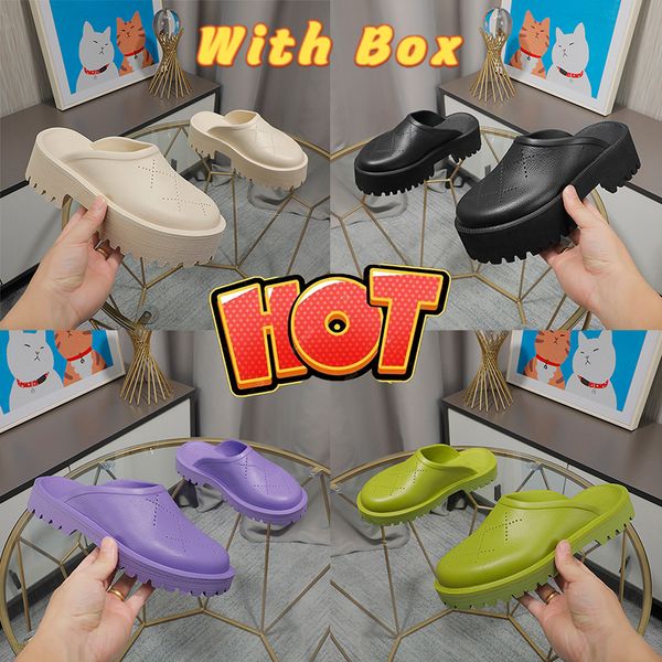 

with box designer slippers womens mens perforated slip-on platform rubber mules sandals luxury summer ladies sandal beach slide fashion wome, Black