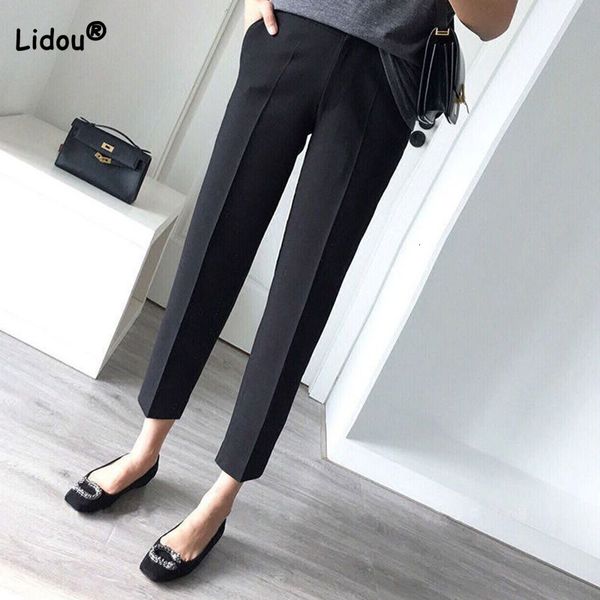 

women's pants capris fashion solid high waist cigarette pants spring summer all-match thin office lady splicing pockets wide leg nine p, Black;white