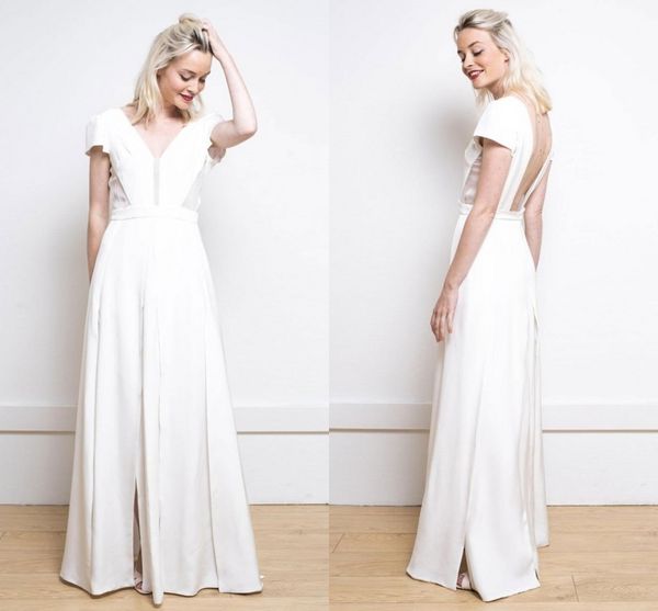 

simple designed chiffon wedding dresess wester a line backless short sleeve v neck boho bridal gowns custom made robes bc15383, White