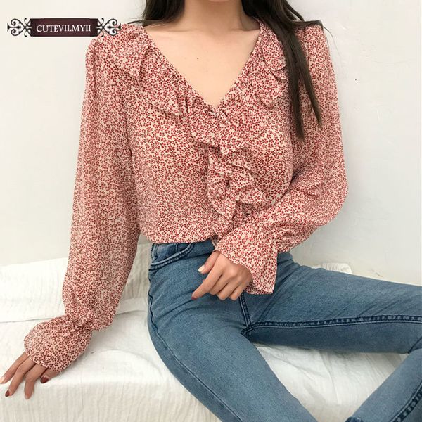 

women's blouses shirts ruffled chic cute flare sleeve v neck floral print cute sweet date korean style shirt blouse 230309, White