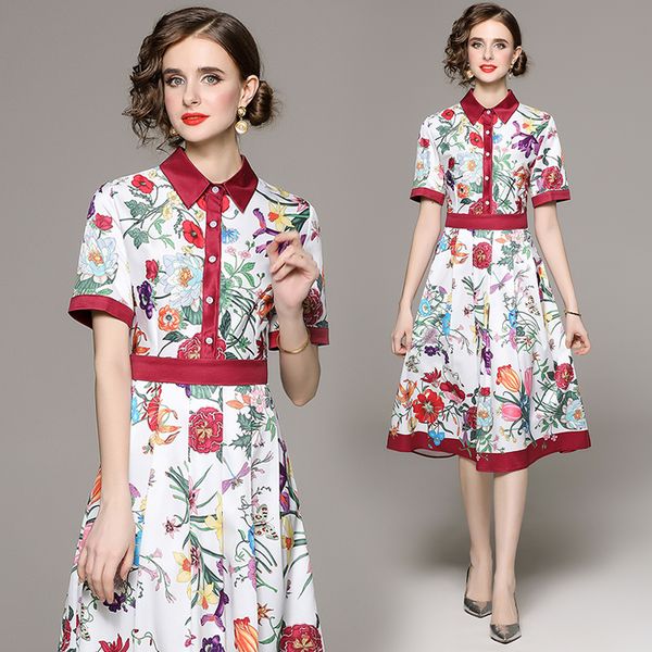

2023 floral print casual dresses summer designer women short sleeve holiday party slim elegant pleated dresses street cafe ladies office chi, Black;gray
