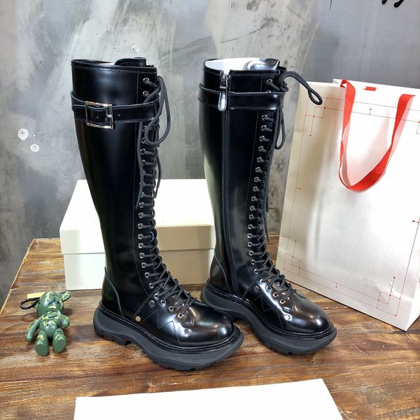 

designer tread boots knights boots cow leather lace-up boots calfskin clasp waterproof non-slip outdoor boots size36-40, Black