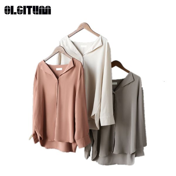 

women's blouses shirts large size shirt for female loose v-neck solid women's shirt long sleeve blouses shirt for lady bs245 23030, White