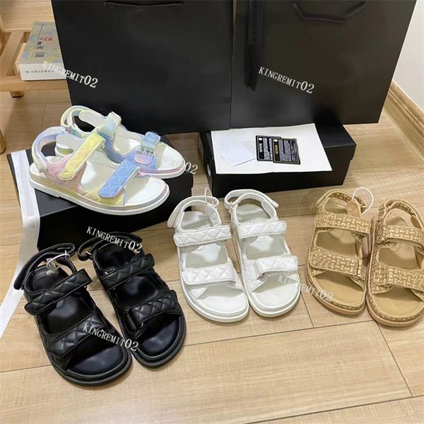 

designer women sandals crystal calf leather slippers quilted platform slides summer beach sandal slipper with box, Black