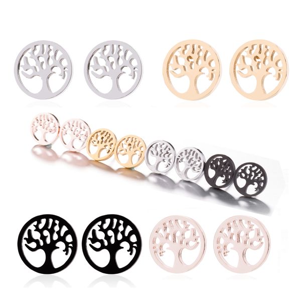 

wholesale small stainless steel stud earring tree of life earring stainless steel earrings for women mens party gifts life tree jewelry punk, Golden;silver
