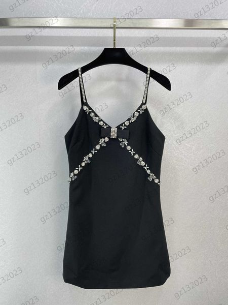 

luxury dress drop drill nail beads decorated suspender dress satin bow drawstring waist cut fashion slim maxiskit womens apparel, Black;gray