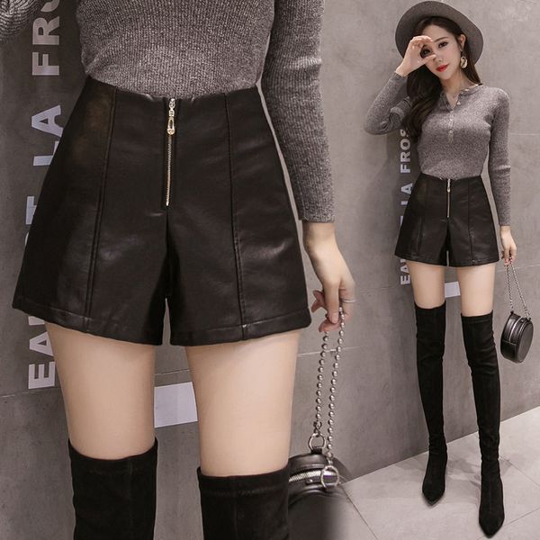 

women's shorts short autumn and winter leather short's high waist pu loose casual pants ropa mujer 230309, White;black