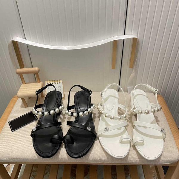 

chunky heel c pearl sandals women lady slippers summer leather slides luxury slip on flat ankle flats buckle sandal thong flip flops mid hee, Black