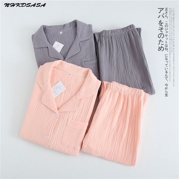 

women's sleepwear lovers 100% cotton crepe pajamas sets women couple solid breathable men autumn long sleeve soft pijama mujer casual p, Black;red