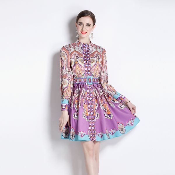 

2023 stand collar floral purple dress party women designer lantern sleeve holiday vintage slim print a-line mini dresses autumn ladies offic, Black;gray