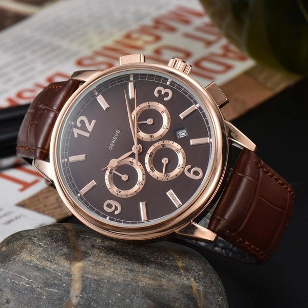 

wristwatches for men 2023 new mens watches six needles all dial work quartz watch europe luxury brand chronograph clock steel and leather be, Slivery;brown