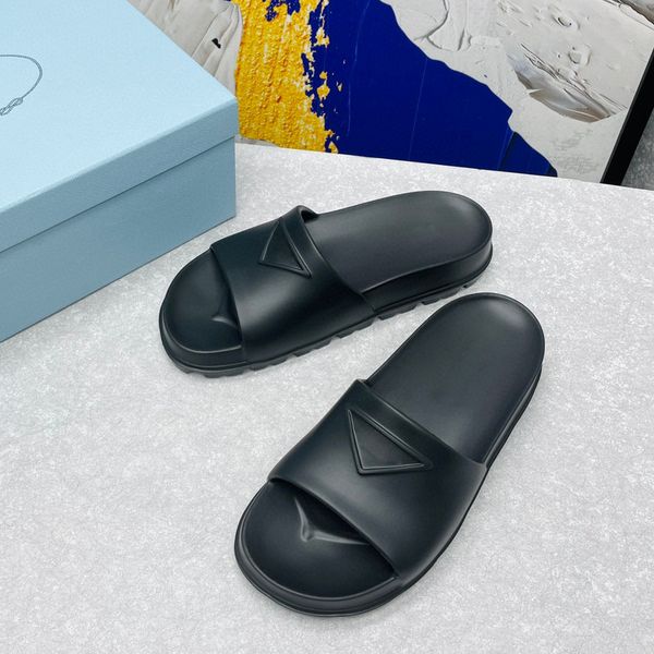 

triangle -embossed lug-sole slippers slide summer platform rubber sandals slip-on shoes flats sandal for women luxury designer slides, Black