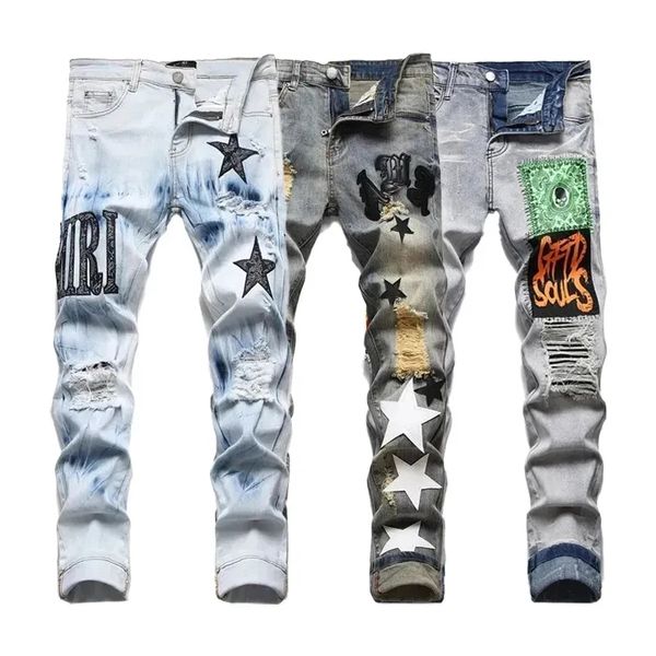 

designer mens jeans pants ripped high street brand pantalones vaqueros para hombre motorcycle embroidery trendy long hip hop with hole blue