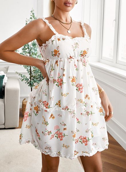

skirt s summer casual mini dress floral print spaghetti strap tunic square neck 230308, Black