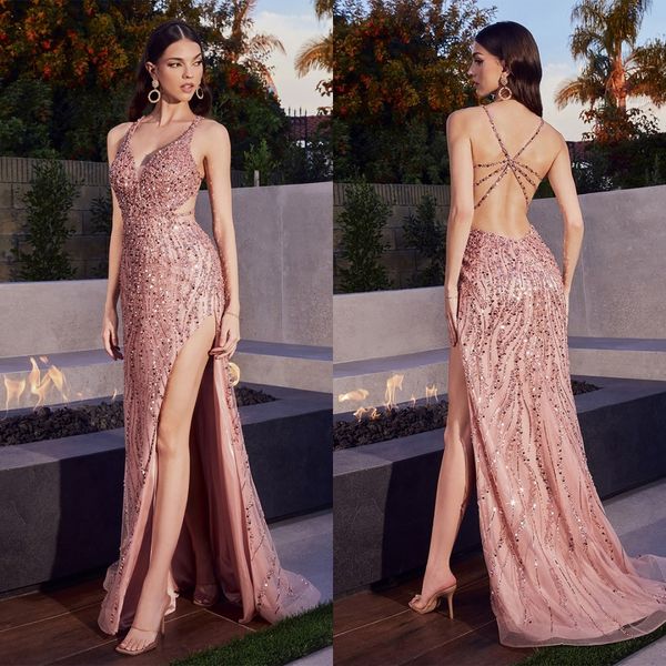 

pink sequine mermaid evening dress with backless new deep v-neck side high split prom bridal gowns robes de mariee sweep train, Black;red
